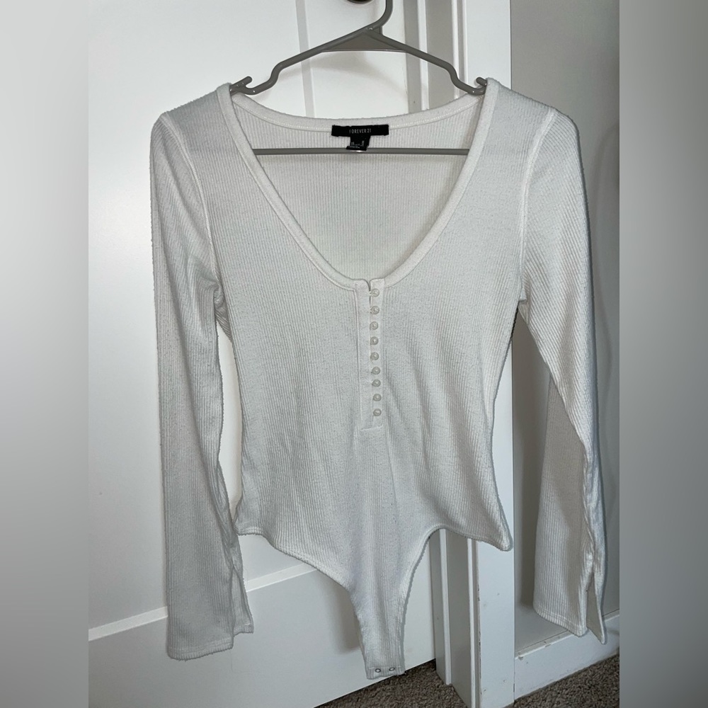 Medium White Ribbed Button Up Forever 21 Bodysuit